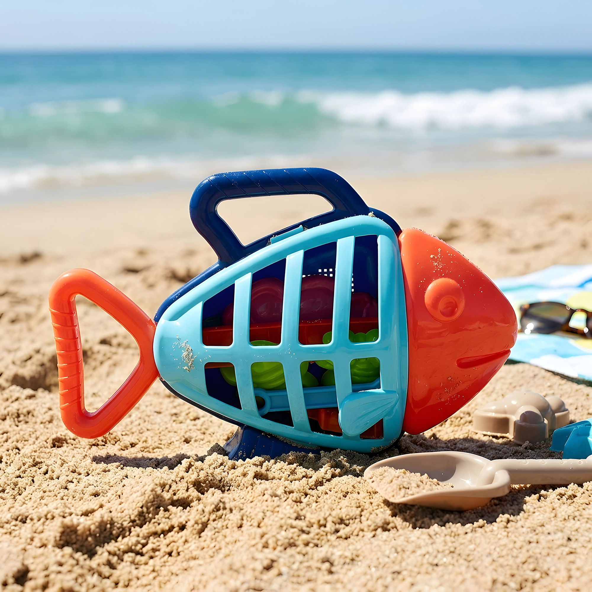 Beach toy set with a fish-shaped carrier set on a beach.