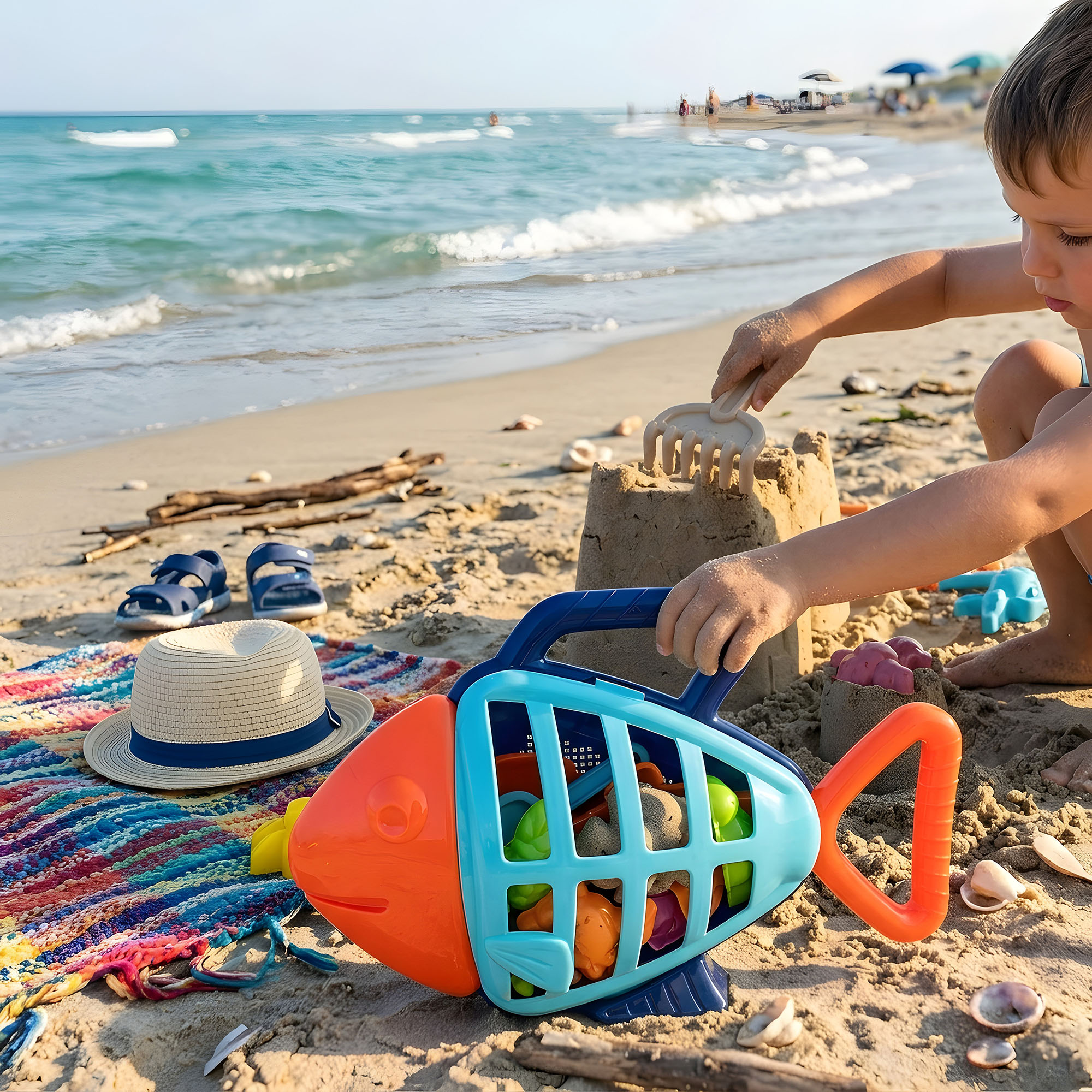 Child reaching out to grab a fish-shaped vessel stuffed with beach toys for little kids.